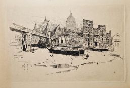 After Joseph Pennell (American 1857-1926) Etching on paper "St Pauls Wharf", signed and dated 1884