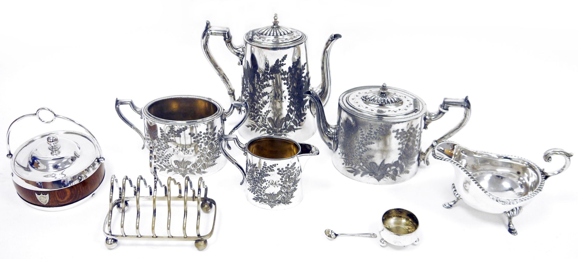 Victorian silver plated four-piece teaset comprising teapot, hot water pot, cream jug and sugar dish