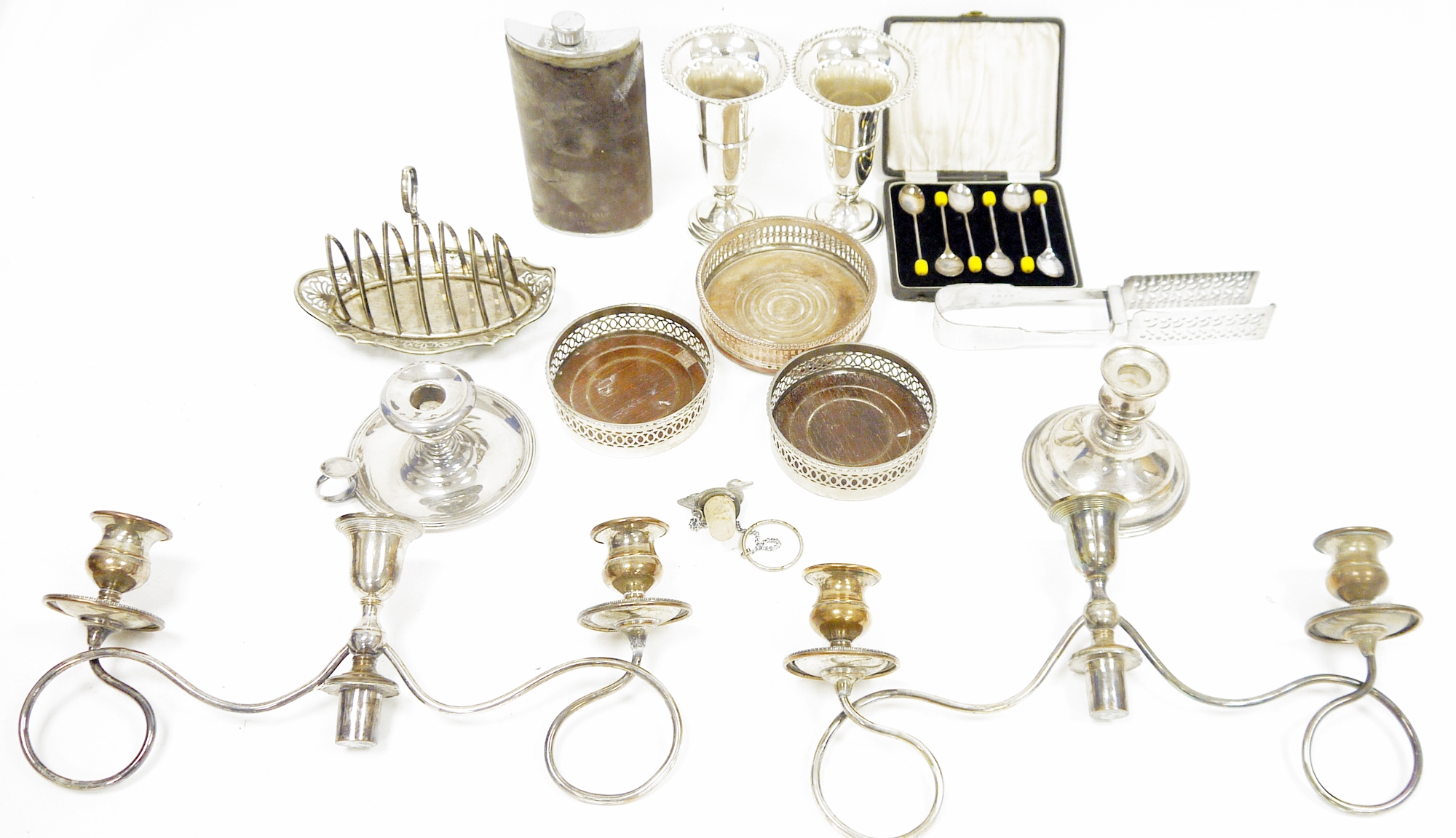 Pair of Garrard & Co silver plated spill vases and an assortment of other silver plate including a