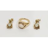 9ct gold, opal and diamond dress ring set oval opal flanked by eight diamonds and pair 9ct gold,