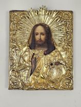 19th century Russian icon with silver gilt riza, St Petersburg Assay Master marks rubbed, 1860,