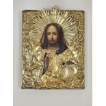 19th century Russian icon with silver gilt riza, St Petersburg Assay Master marks rubbed, 1860,