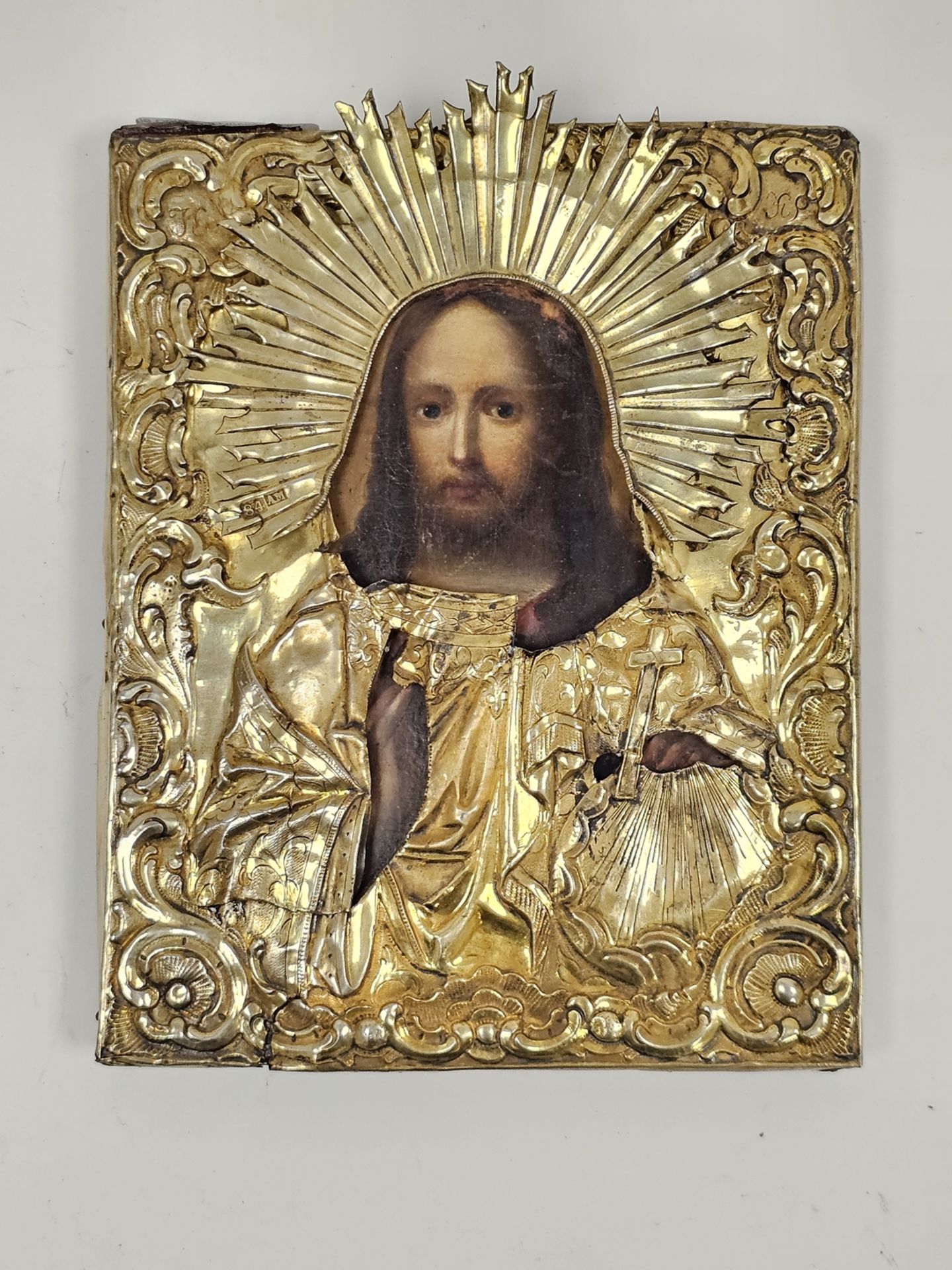 19th century Russian icon with silver gilt riza, St Petersburg Assay Master marks rubbed, 1860,
