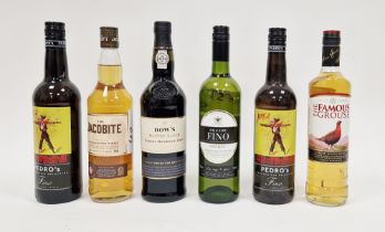 Six bottles of whisky and fortified wines including two Pedro Fino sherry, another, 1 x Famous