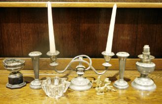Small quantity of plated wares, a two-branch plated candelabra, a pair of plated flower vases, and
