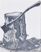 After Claire Leighton (1898-1989) Print Study of a woodcutter's axe and log, unsigned, unframed,