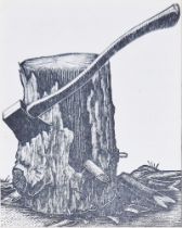 After Claire Leighton (1898-1989) Print Study of a woodcutter's axe and log, unsigned, unframed,