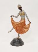 Art Deco figure of a dancing girl, patinated and painted brass, possibly American, again gilded
