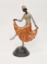 Art Deco figure of a dancing girl, patinated and painted brass, possibly American, again gilded