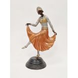 Art Deco figure of a dancing girl, patinated and painted brass, possibly American, again gilded