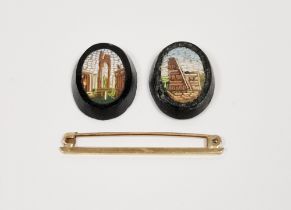 Pair Italian micro-mosaic earring plaques, oval with archaic ruins and a 9ct gold bar brooch, 1.2g