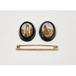 Pair Italian micro-mosaic earring plaques, oval with archaic ruins and a 9ct gold bar brooch, 1.2g
