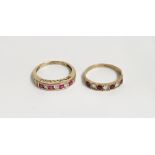 9ct gold, cubic zirconia and pink stone ring, half-eternity style, set three white stones and four