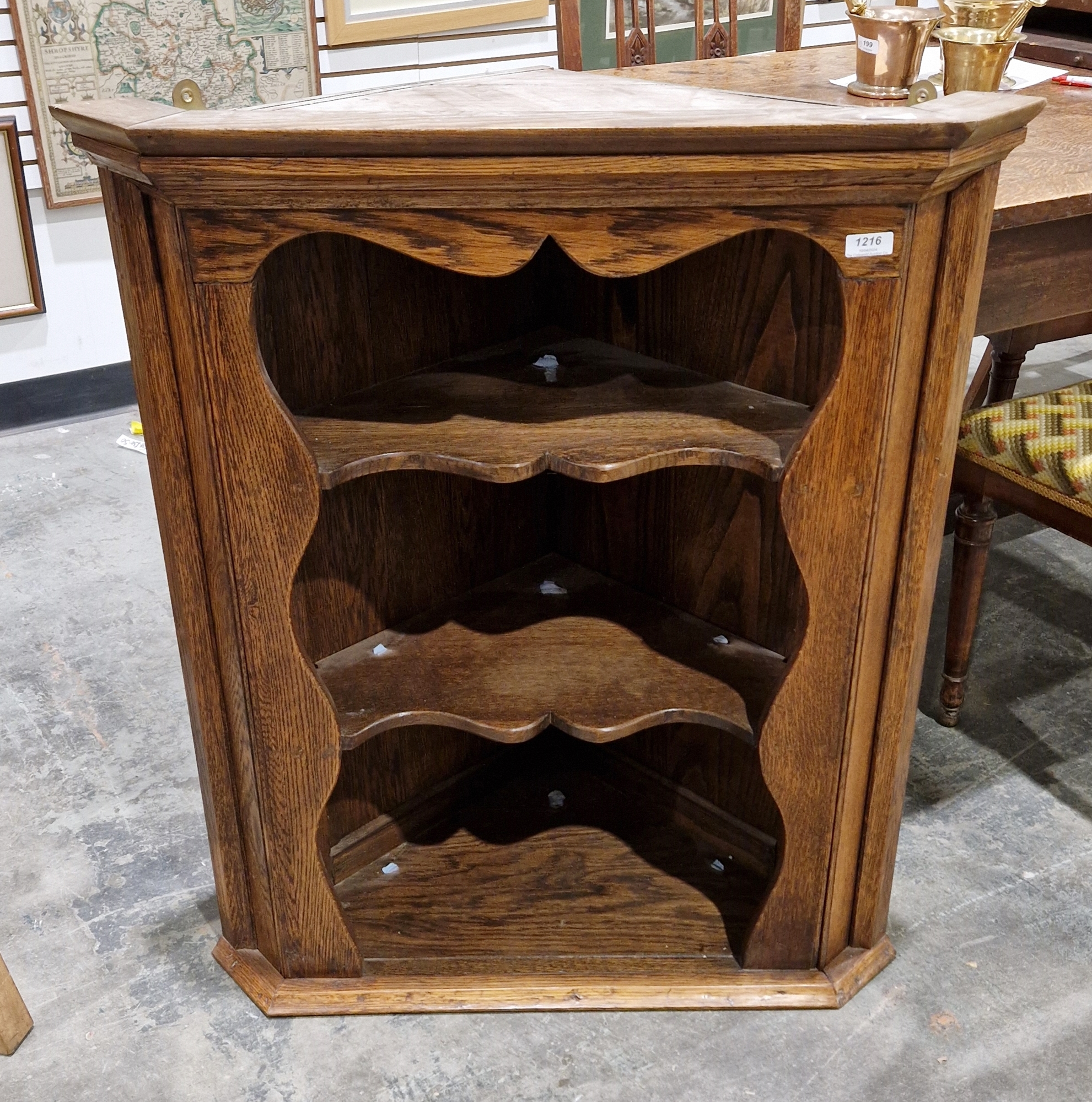 Oak wall hanging corner cupboard with three shelves, 89cm high x 75cm wide x 46cm deep