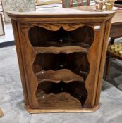 Oak wall hanging corner cupboard with three shelves, 89cm high x 75cm wide x 46cm deep