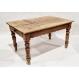 19th century pine kitchen table of rectangular form, with single drawer to one side, on turned legs,
