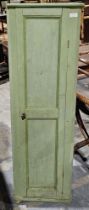 Painted wooden corner cupboard, the single door opening to reveal three adjustable shelves, 117cm