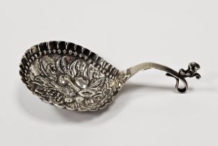 19th century silver caddy spoon, hammered and embossed bowl depicting various fruits including a