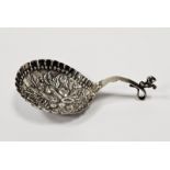 19th century silver caddy spoon, hammered and embossed bowl depicting various fruits including a