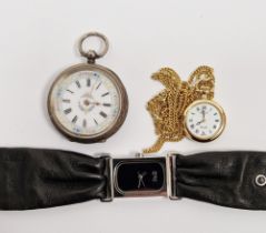 Continental open-faced pocket watch, the circular dial with floral painted gilt border, Roman