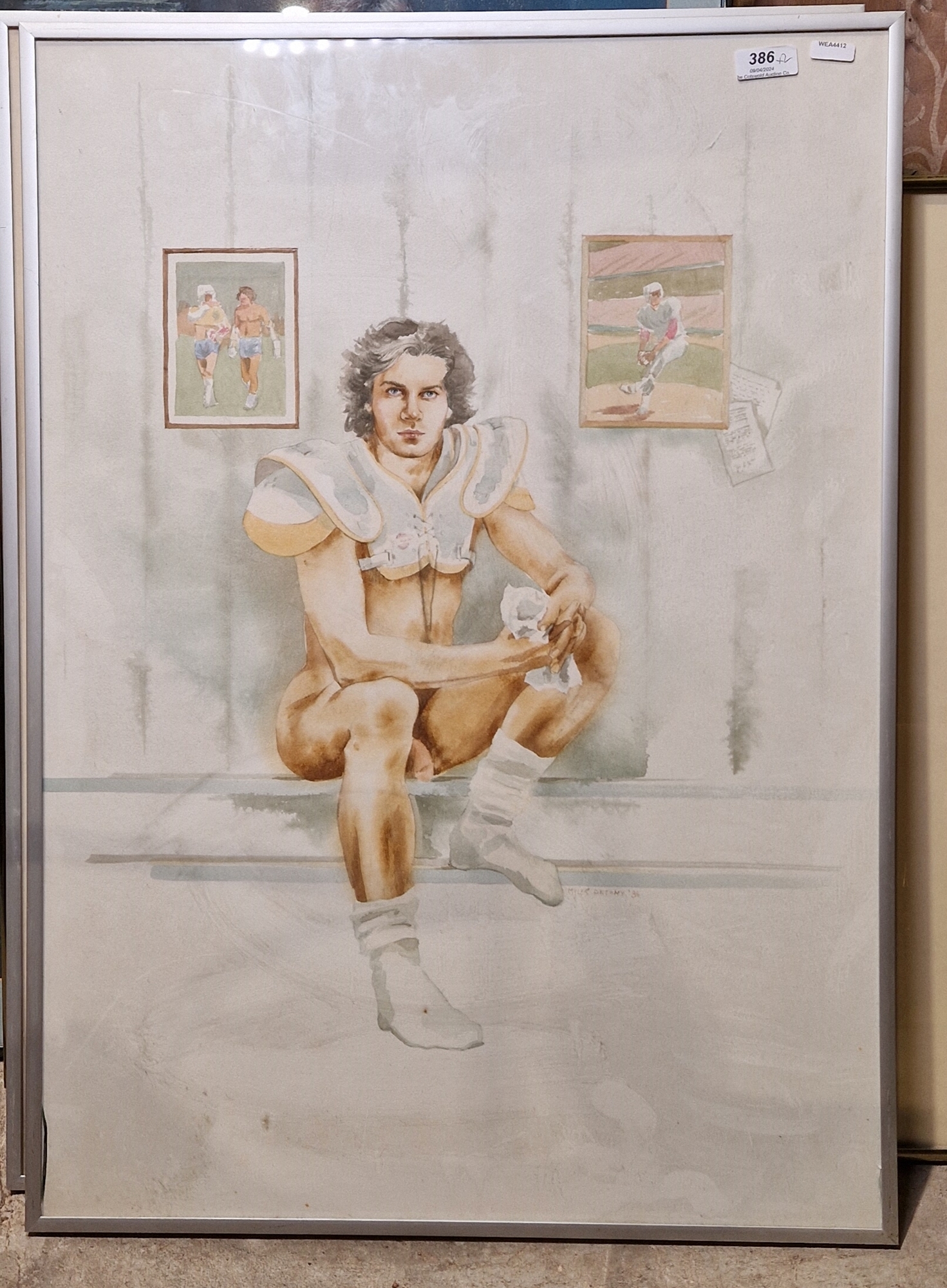 Myles Antony (Irish, 20th century) Watercolour "Hank" portrait of a male wearing American football - Image 4 of 5