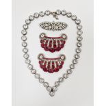 Pair Art Deco red and white paste stone clips, crescent design, antique silver-coloured metal and