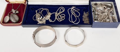 Silver bangle, engraved, quantity silver chains, brooches, locket and other silver jewellery