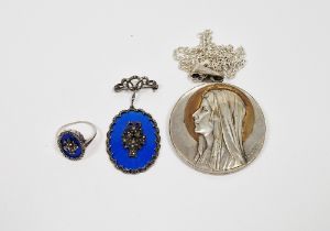 Silver, blue enamel and marcasite suite of two pieces viz:- brooch with large oval pendant,