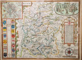 John Speed, 'Wilshire', John Sudbury & George Humble, 17th century hand coloured engraved map of