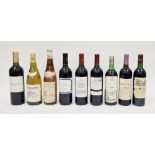 Nine bottles of various red wines including Marques de Riscal rioja 1995, de Ladouette Pouilly