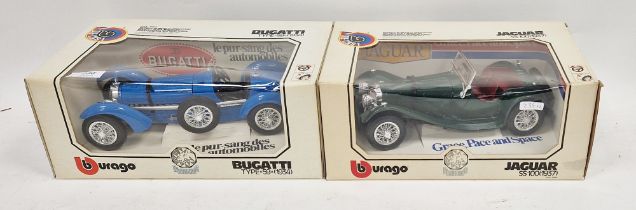 Burago boxed Bugatti type '59 1934' racing car and a Burago Jaguar SS100 (1937), also in window