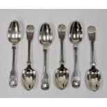 Set of six Victorian silver teaspoons, fiddle and shell pattern, Newcastle 1881, makers Reid & Sons,