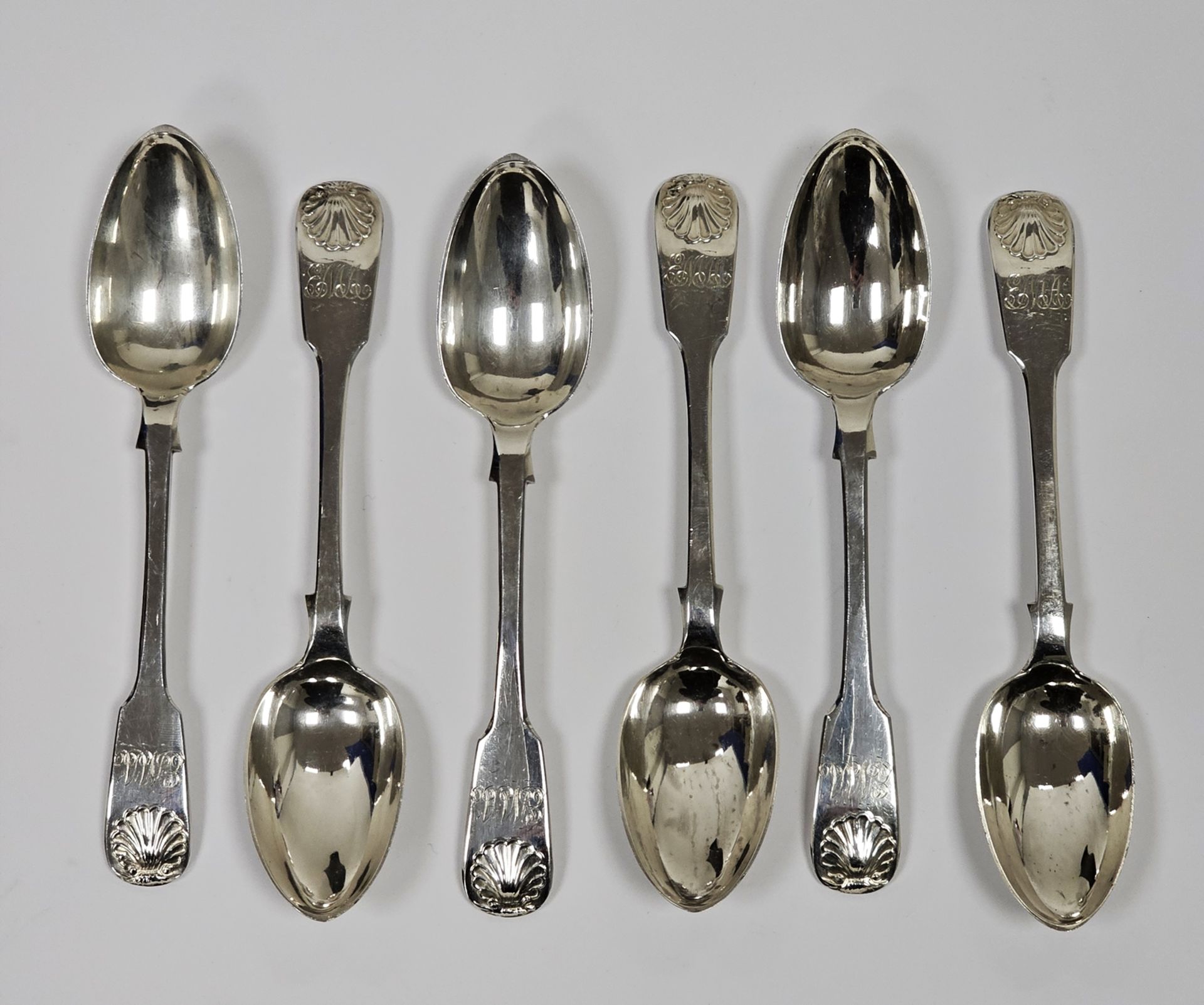 Set of six Victorian silver teaspoons, fiddle and shell pattern, Newcastle 1881, makers Reid & Sons,