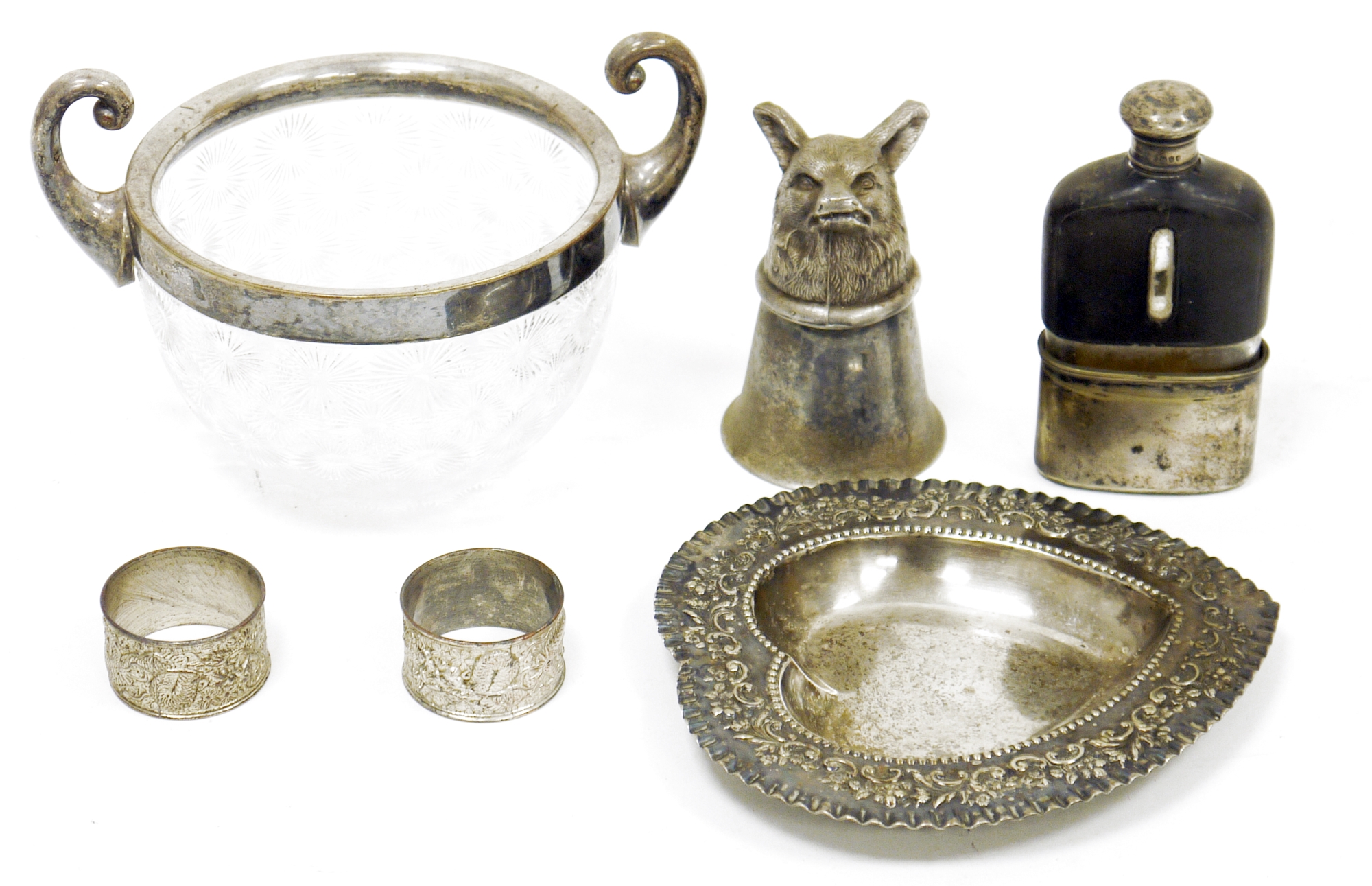 Victorian silver plate stirrup cup, cast with a fox's head; together with a Victorian hip flask with