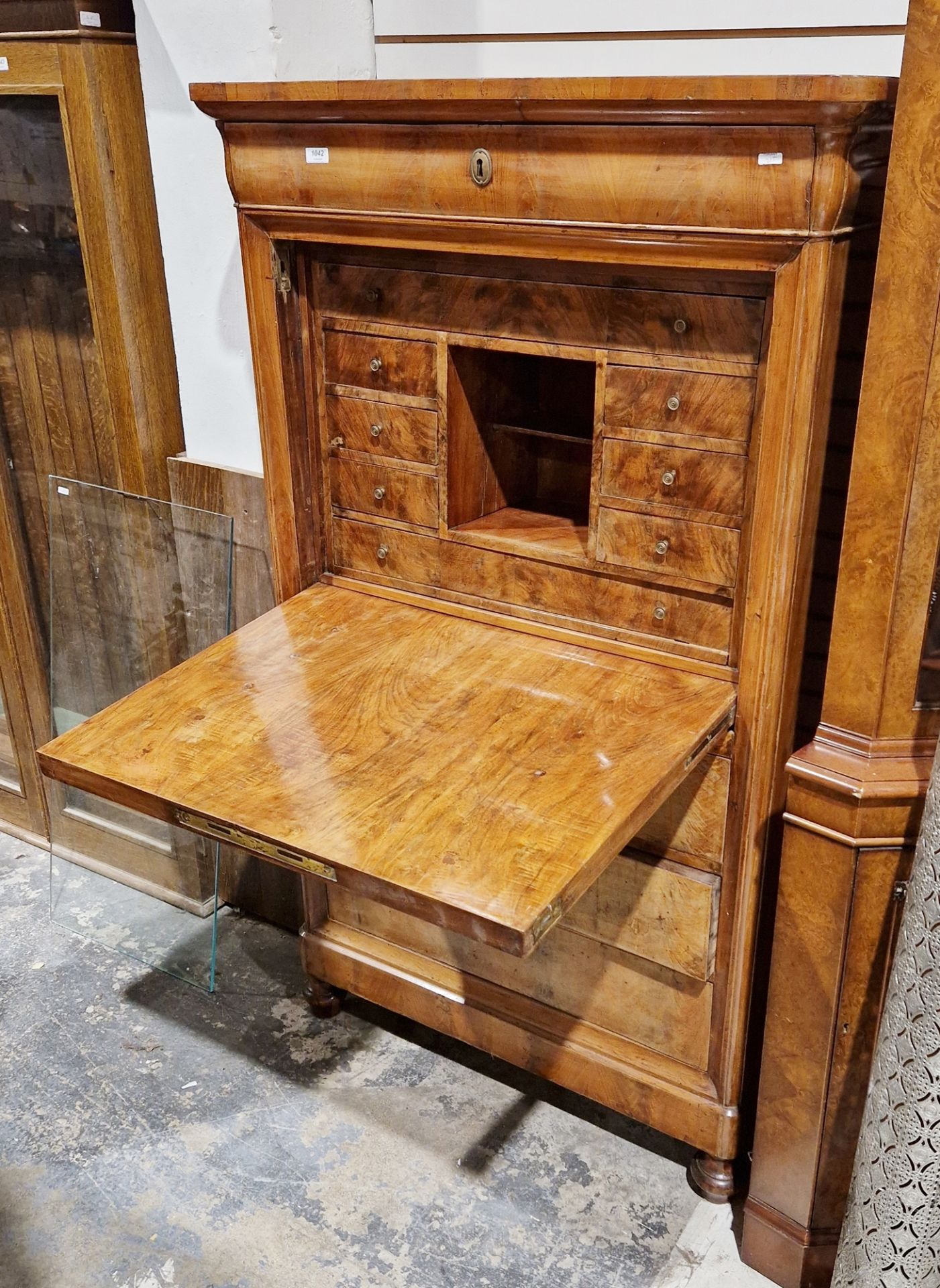 Empire-style walnutwood secretaire a abattant with ovolo cornice, ogee-fronted frieze drawer above - Image 2 of 47