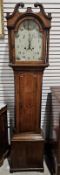 Late 18th century eight-day longcase clock in stained oak case with inlaid shell motif to the