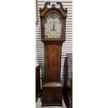 Late 18th century eight-day longcase clock in stained oak case with inlaid shell motif to the