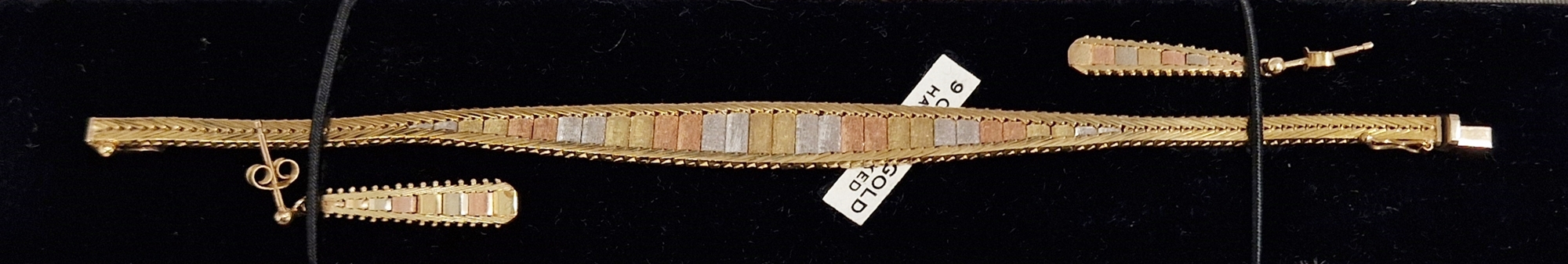 9ct three-colour gold bracelet with graduated matt-finish panels and pair similar tapered