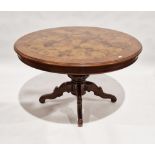 Burr wood veneer dining table of circular form, on four-section pedestal base, 75cm high x 120cm