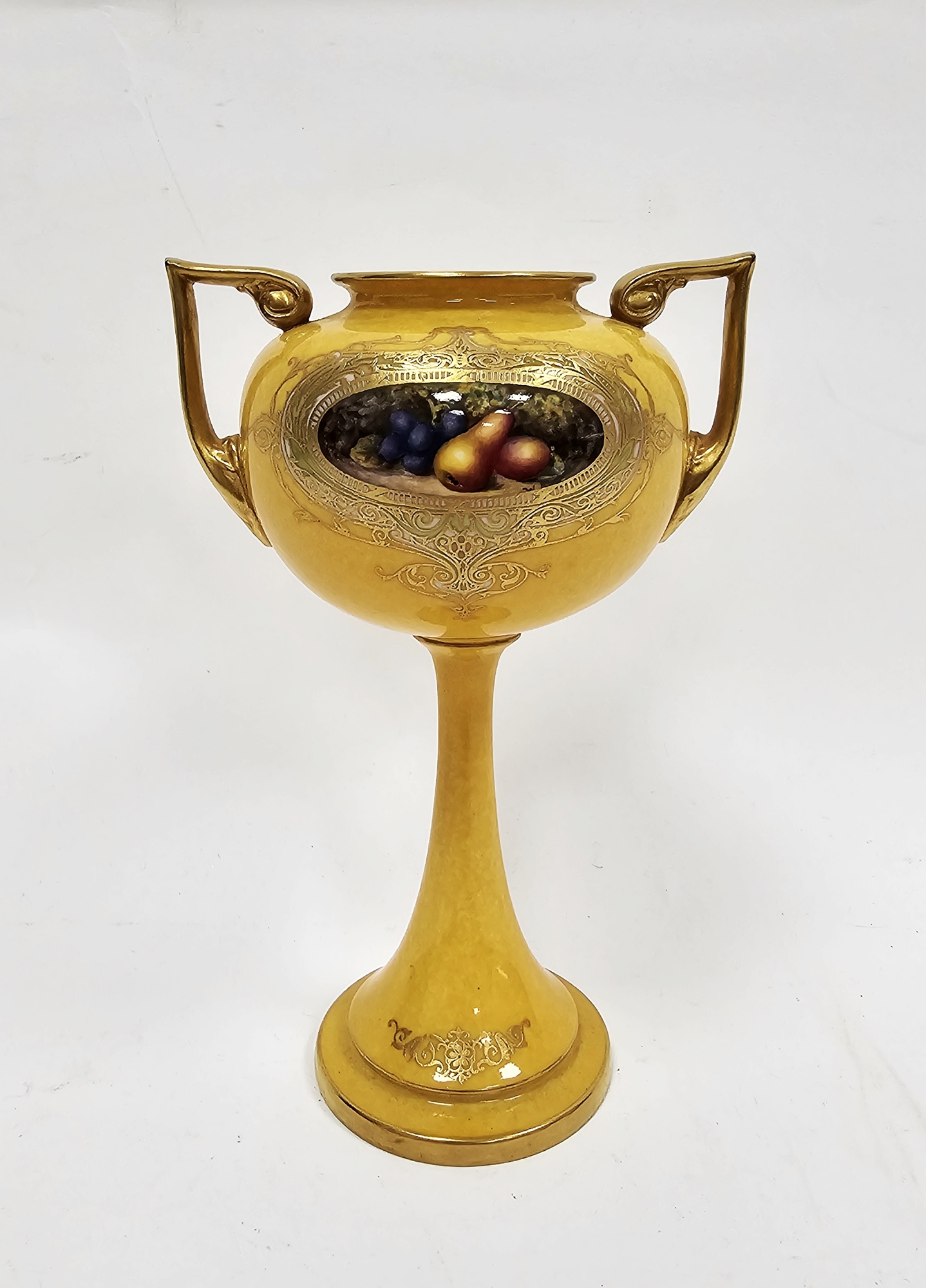 Early 20th century Royal Worcester yellow-ground tall bulbous two-handled vase, circa 1930,