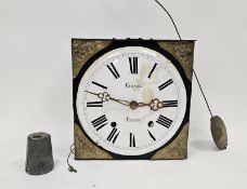 19th century weight driven wall clock of square form, the white painted convex dial signed Gibson,