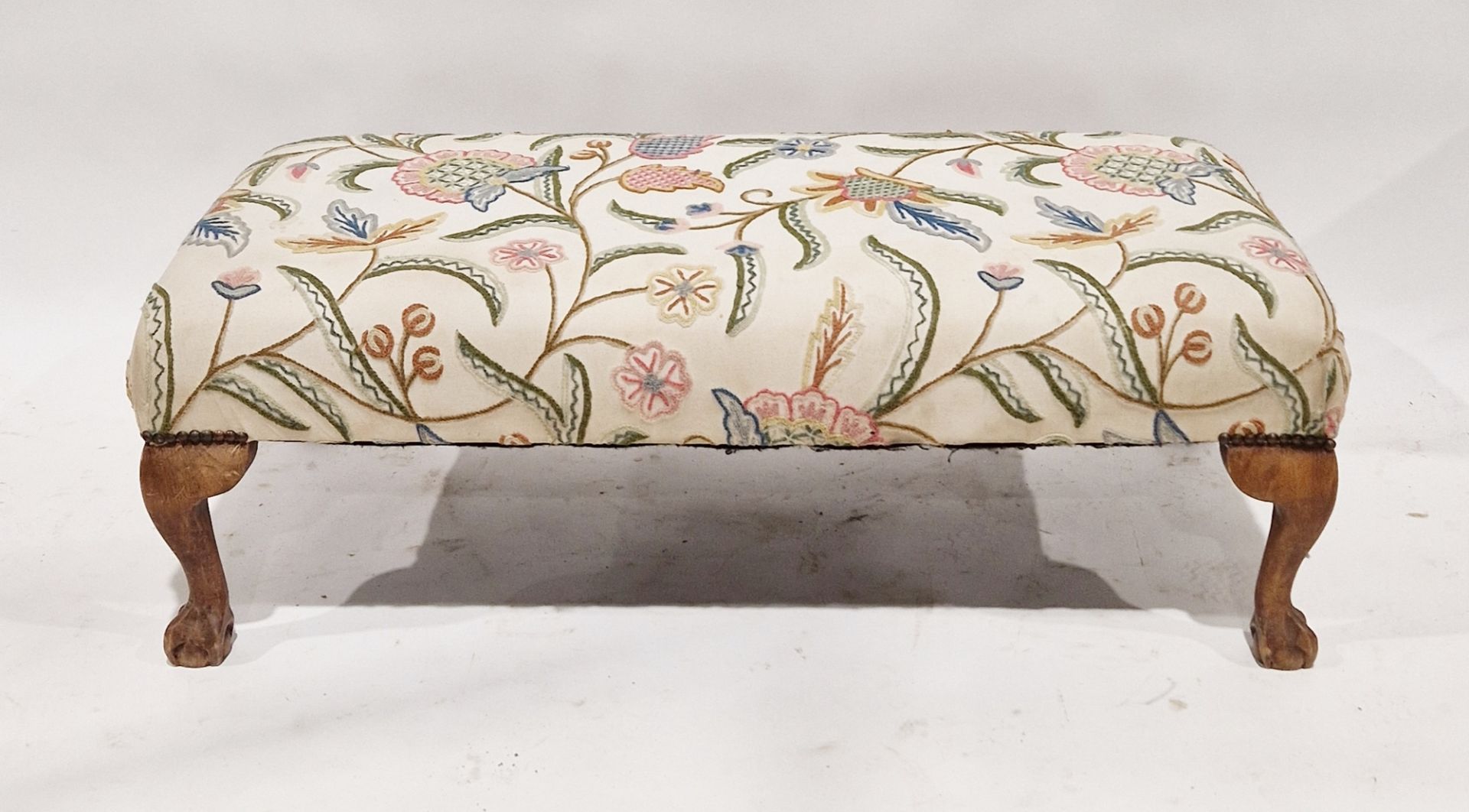 Late 19th/early 20th century footstool of oblong form, with crewel work upholstery, on four cabriole - Image 2 of 3