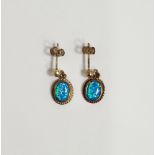 Pair 9ct gold synthetic opal drop earrings, oval