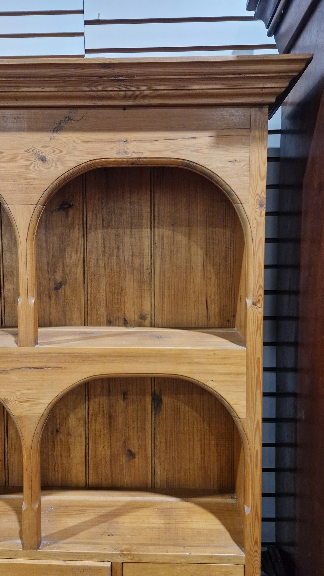 19th century pine kitchen dresser, the top section with two plateracks and five short drawers, the - Image 4 of 17