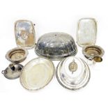 Pair of silver plated wine bottle coasters, two oval silver plated card trays, a silver plated