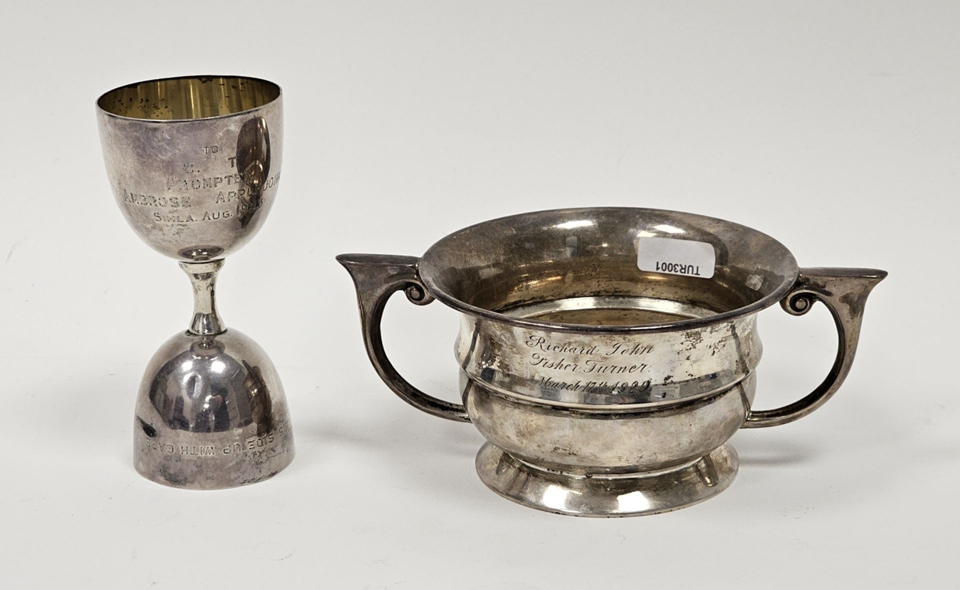 Silver two-handled bowl, Birmingham 1924, of circular waisted form with two stylised scroll handles,