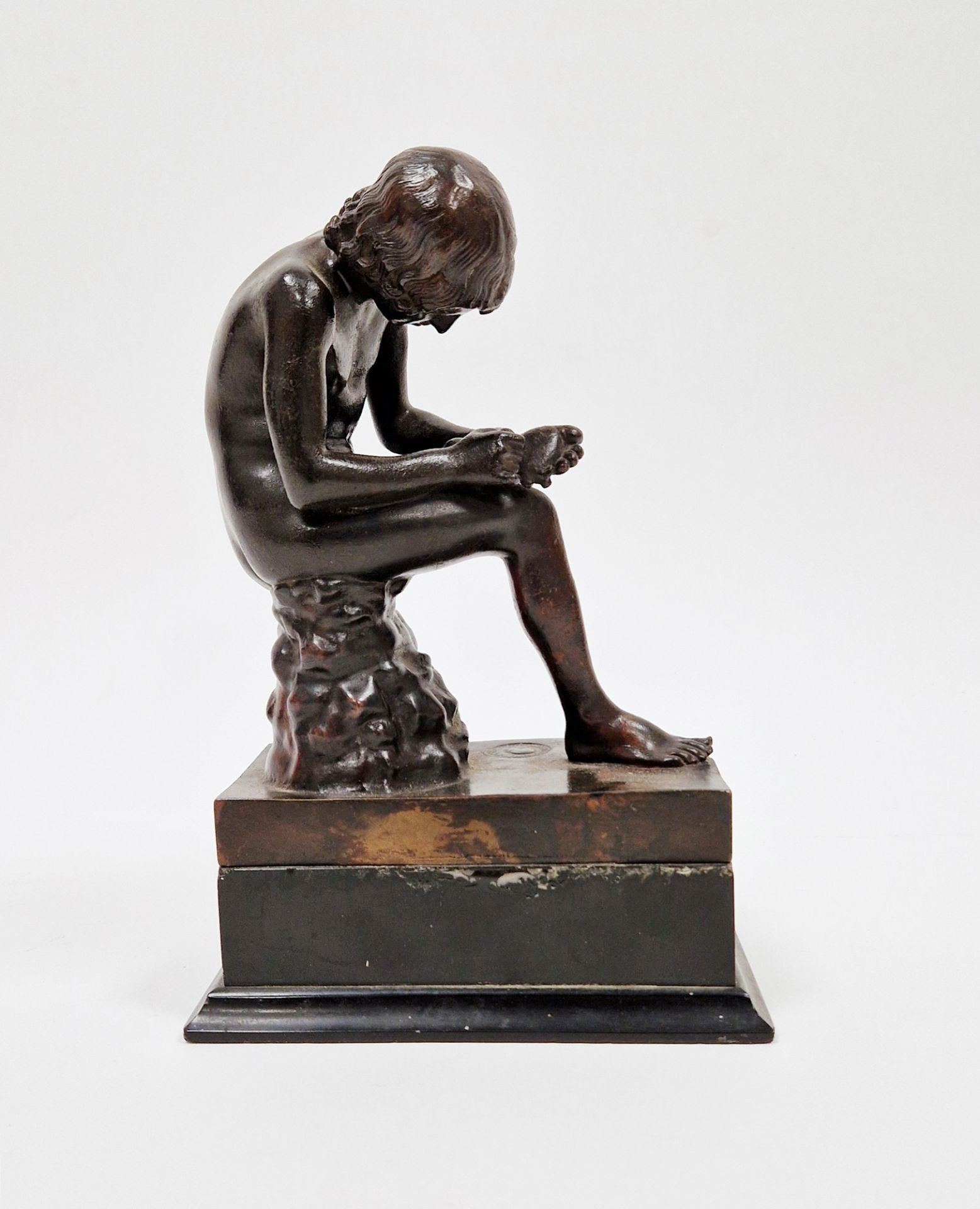 Bronze figure of a seated young nude male , looking at the sole of his left foot, blindstamp foundry - Image 2 of 6