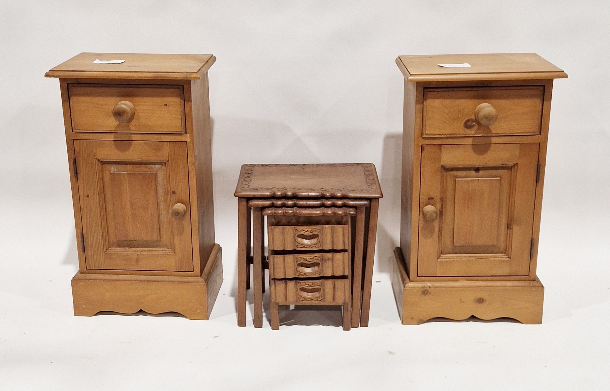 Pair of 20th century pine bedside cupboards, each with single drawer and single door cupboard,