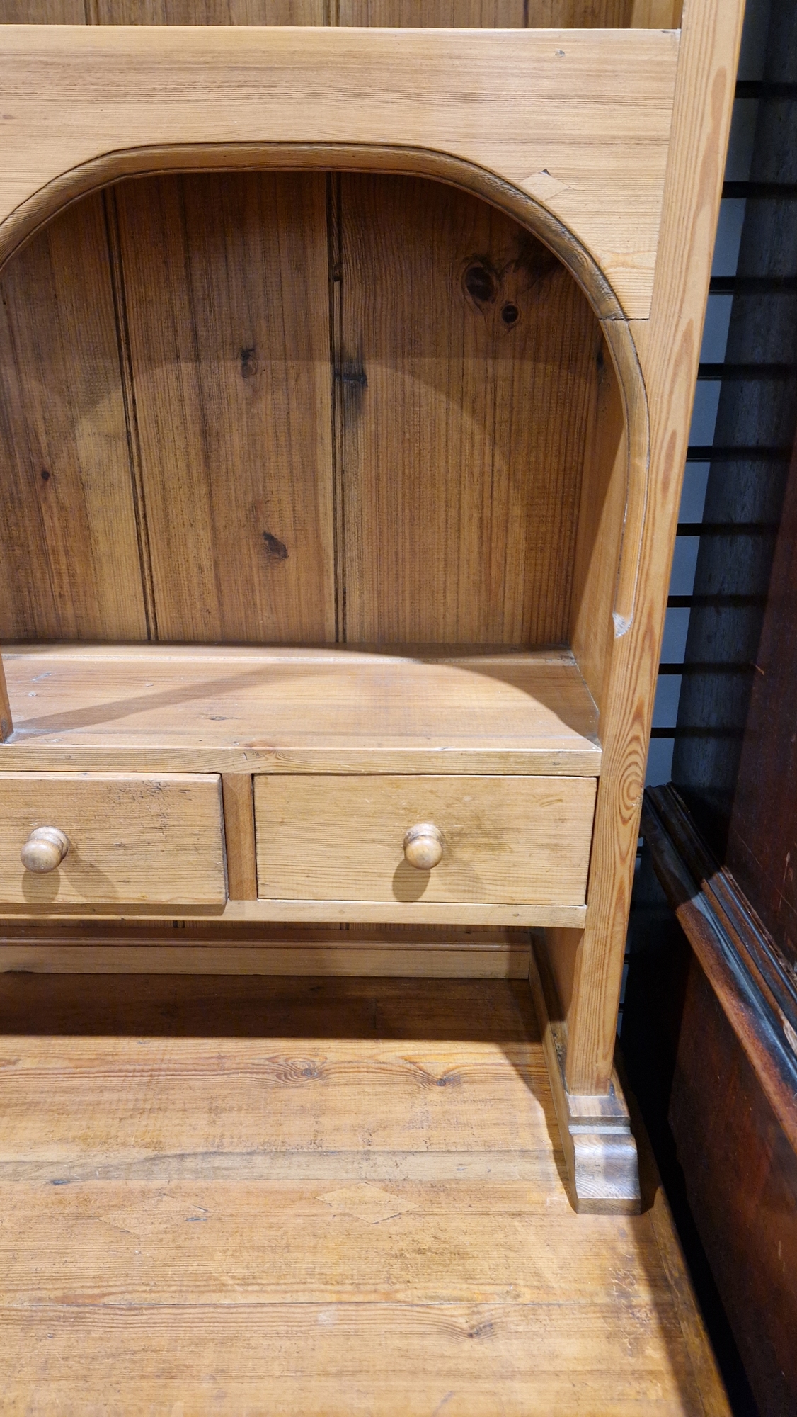 19th century pine kitchen dresser, the top section with two plateracks and five short drawers, the - Image 5 of 17