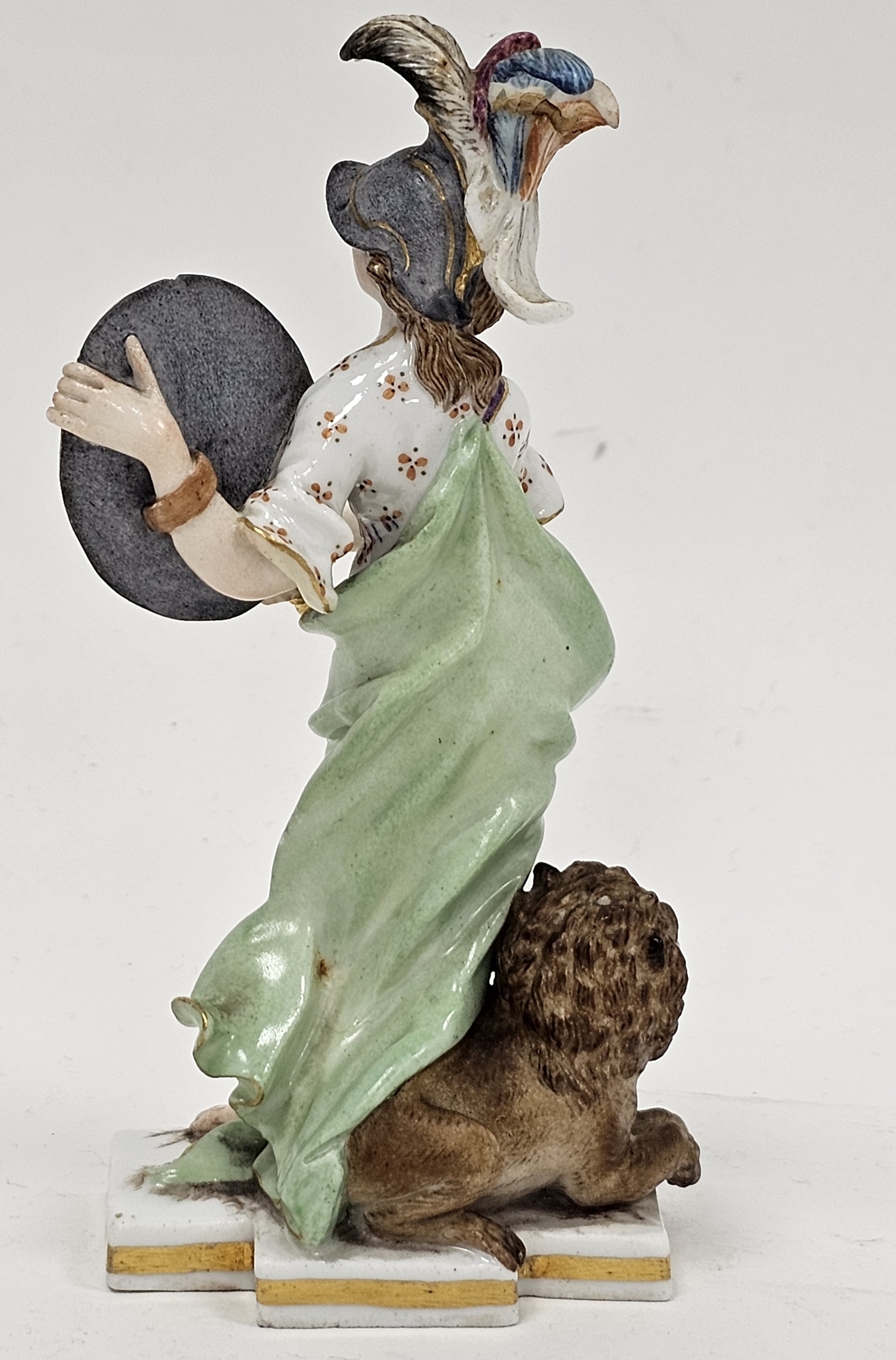 Late 19th century Meissen miniature mythological figure, she modelled in plumed helmet holding sword - Image 2 of 10